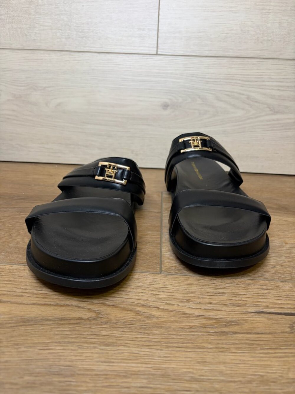 Tommy Hilfiger Jylian Black Double Strap Flat Slide Sandals Size 10 M